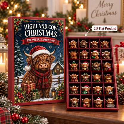 Highland Cow Advent Calendar, Christmas Countdown Box, 24 Mini Cow Ornament, Family Holiday Decor, Collectible Gift 2026, Farmhouse Present