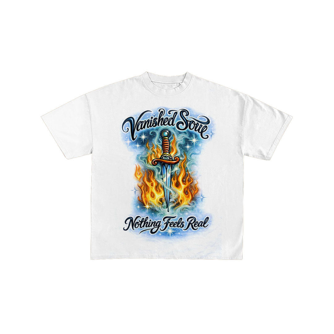 Vanished Soul Flaming Dagger Graphic White T-Shirt