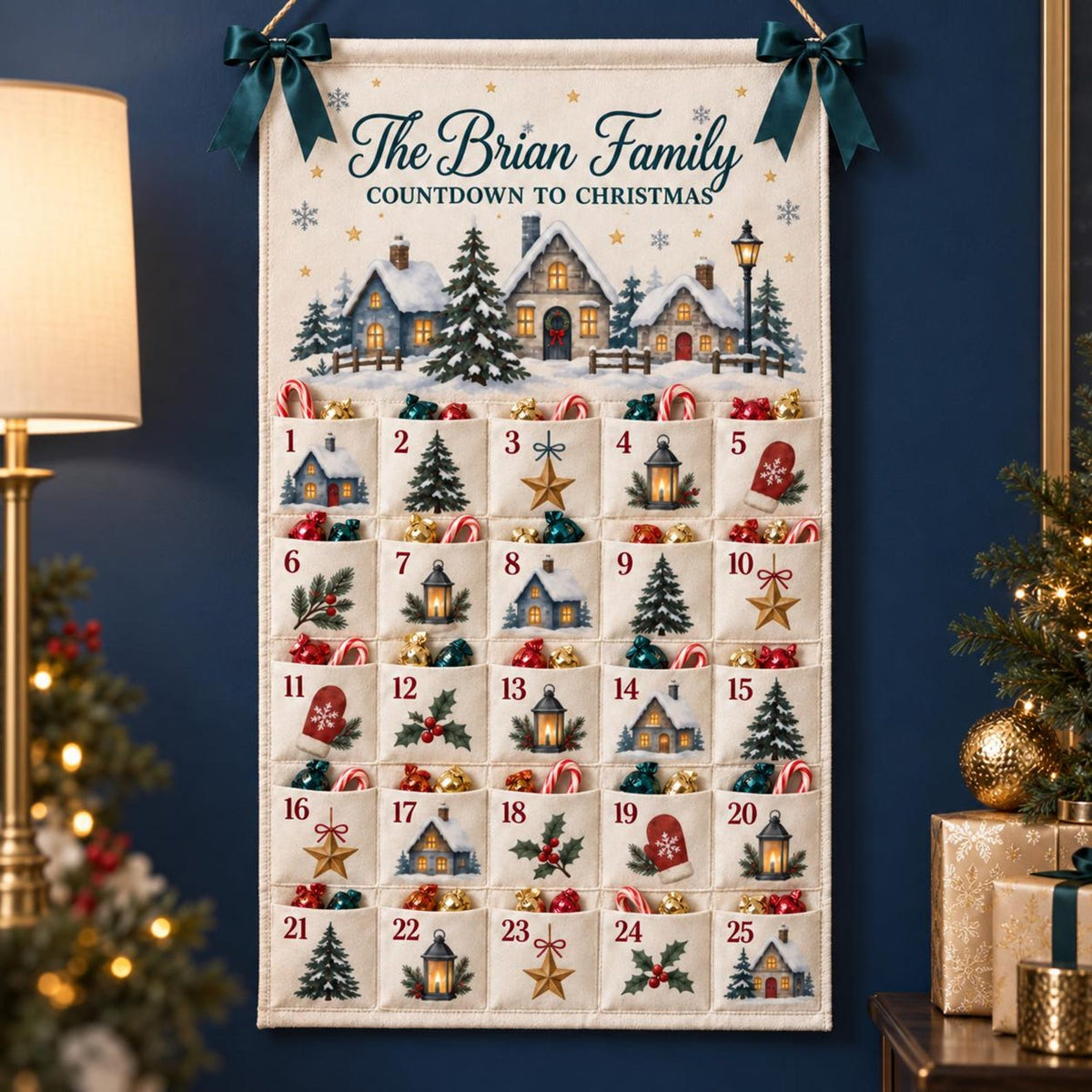 Personalized Christmas Advent Calendar, Winter Village Canvas Wall Hanging with 25 Pockets, Reusable Family Name Countdown and Holiday Decor