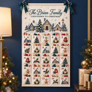 Personalized Christmas Advent Calendar, Winter Village Canvas Wall Hanging with 25 Pockets, Reusable Family Name Countdown and Holiday Decor