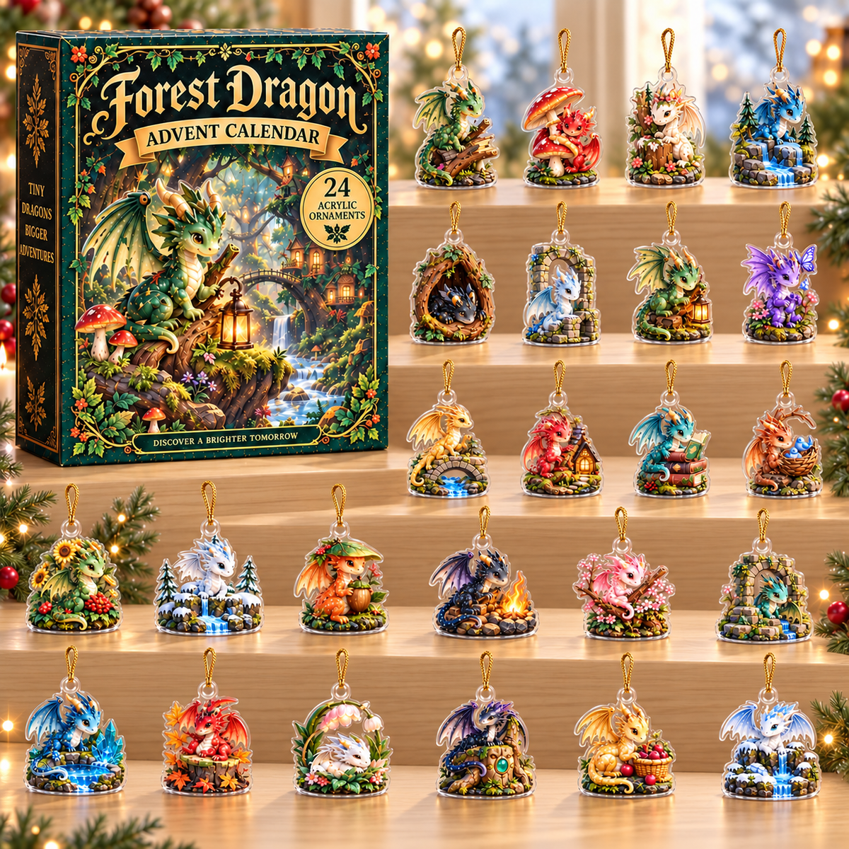 Forest Dragon Advent Calendar with Charms, 24 Acrylic Dragon Ornaments, Fantasy Christmas Gift, Cute Woodland Dragon Holiday Countdown 2026, Birthday Gift