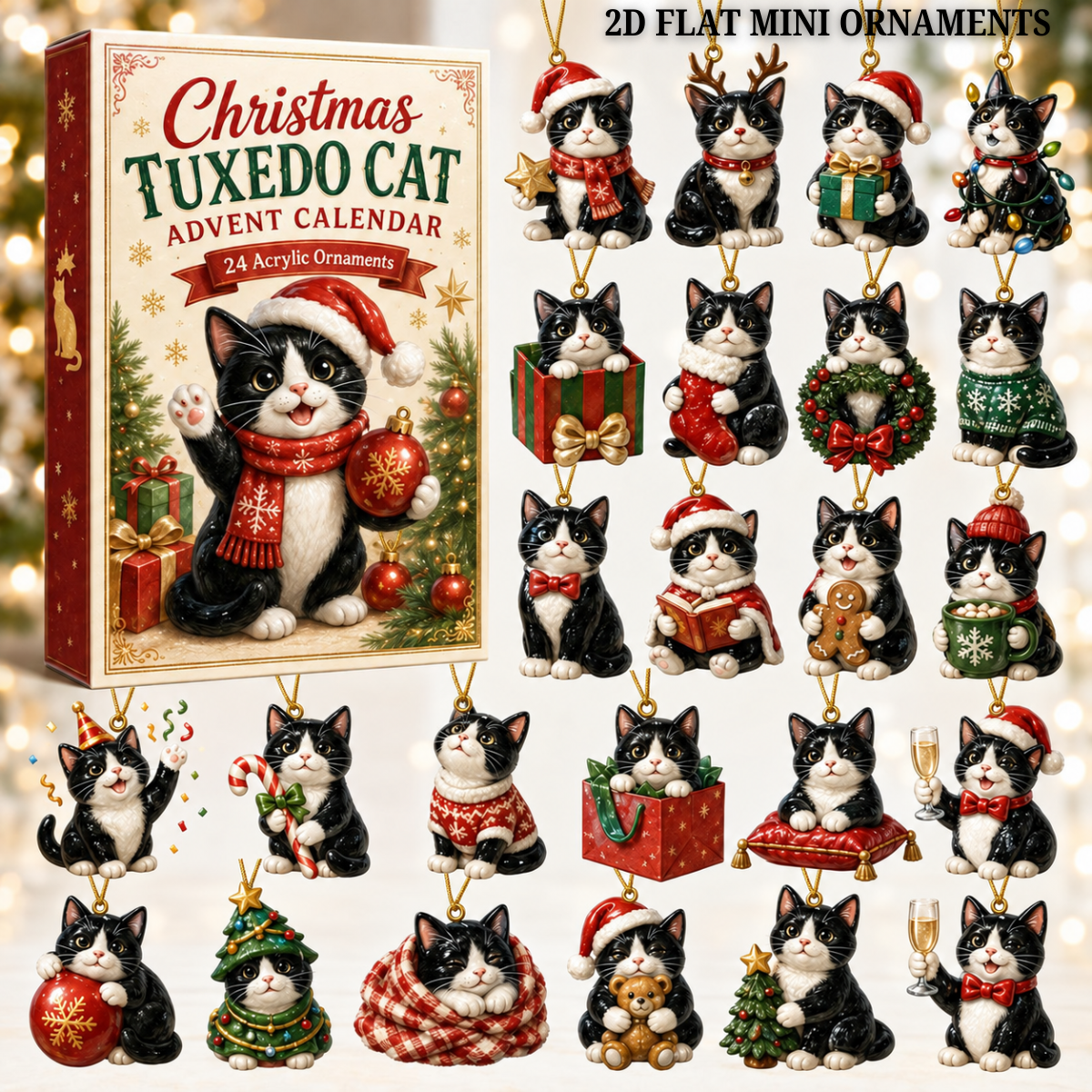 Christmas Tuxedo Cat Advent Calendar 2026 - 24-Day Festive Countdown, Acrylic Charms Blind Box - Gift For Cat Lovers