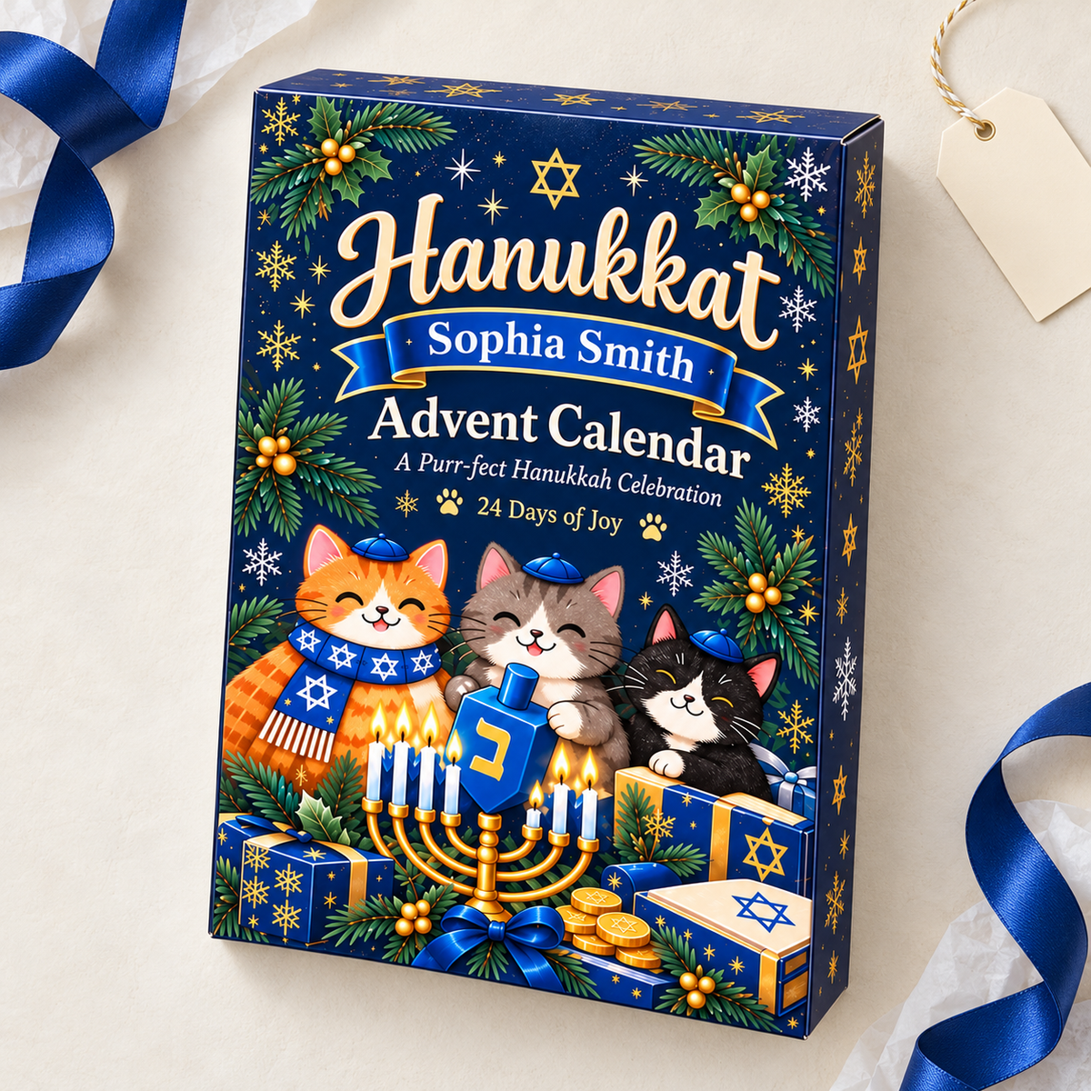 Hanukkah Advent Calendar: Personalized Christmas Countdown Box, Blue Paper and Acrylic