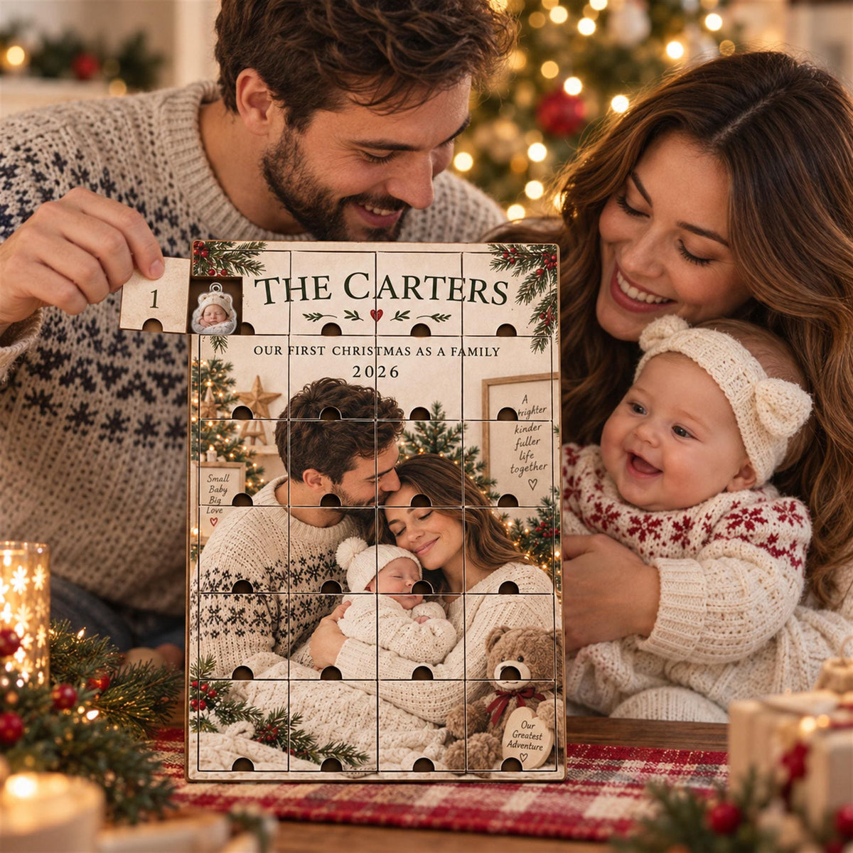 Personalized Family Advent Calendar with 24 Custom Photo Acrylic Ornaments, Baby’s First Christmas Gift, New Parents Keepsake, Family Gift