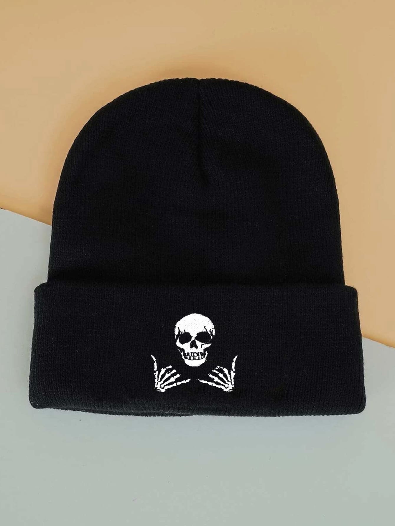 Men Skeleton Hand Skull Embroidered Cuff Beanie