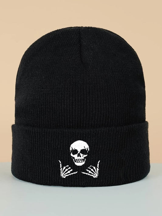 Men Skeleton Hand Skull Embroidered Cuff Beanie