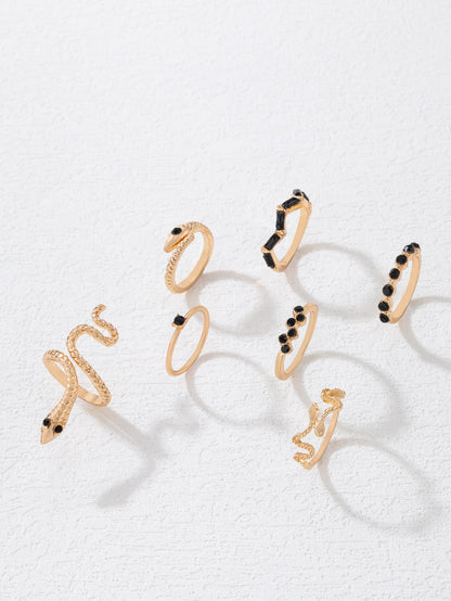 7pcs Snake & Rhinestone Ring Set for Women