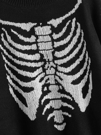 Goth Skeleton Pattern Drop Shoulder Sweater