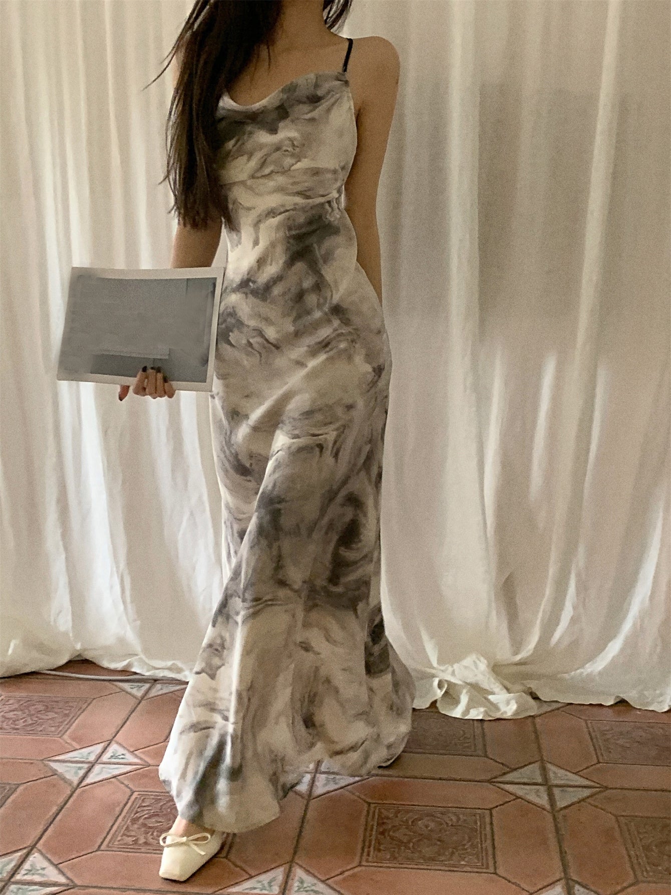 Grey Tie Dye Spaghetti Strap Maxi Dress