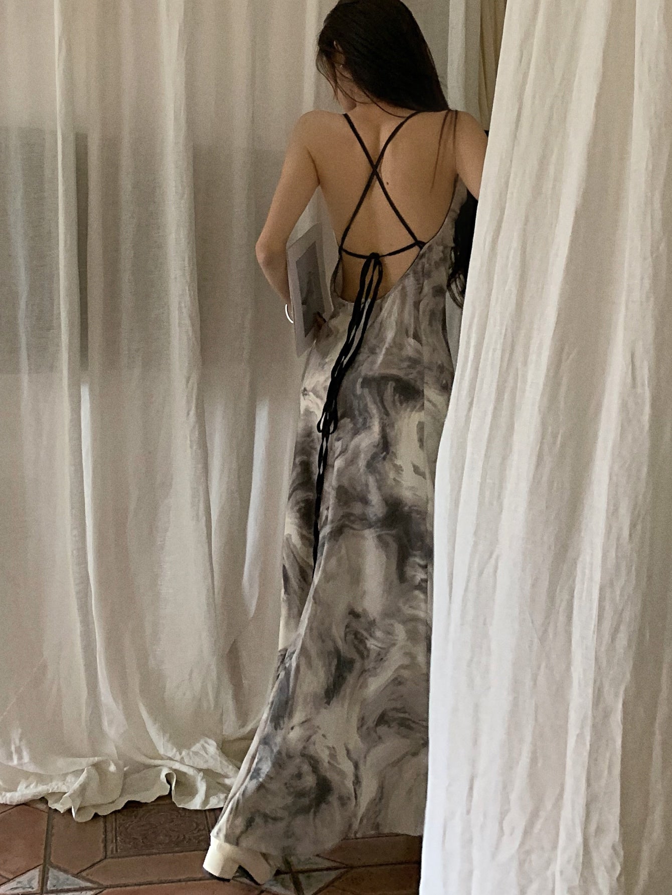 Grey Tie Dye Spaghetti Strap Maxi Dress