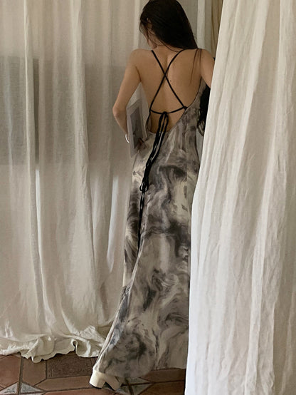 Grey Tie Dye Spaghetti Strap Maxi Dress