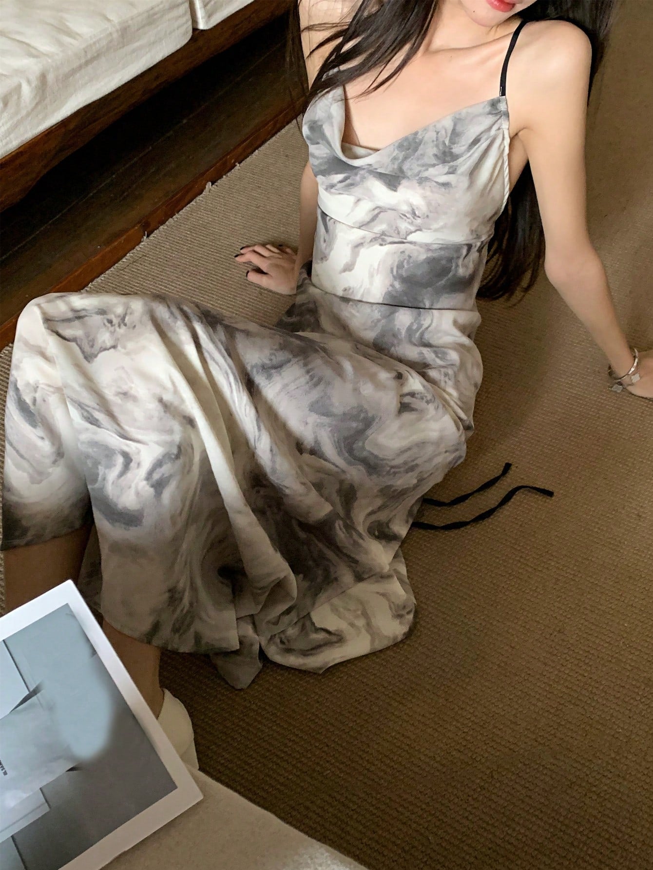 Grey Tie Dye Spaghetti Strap Maxi Dress