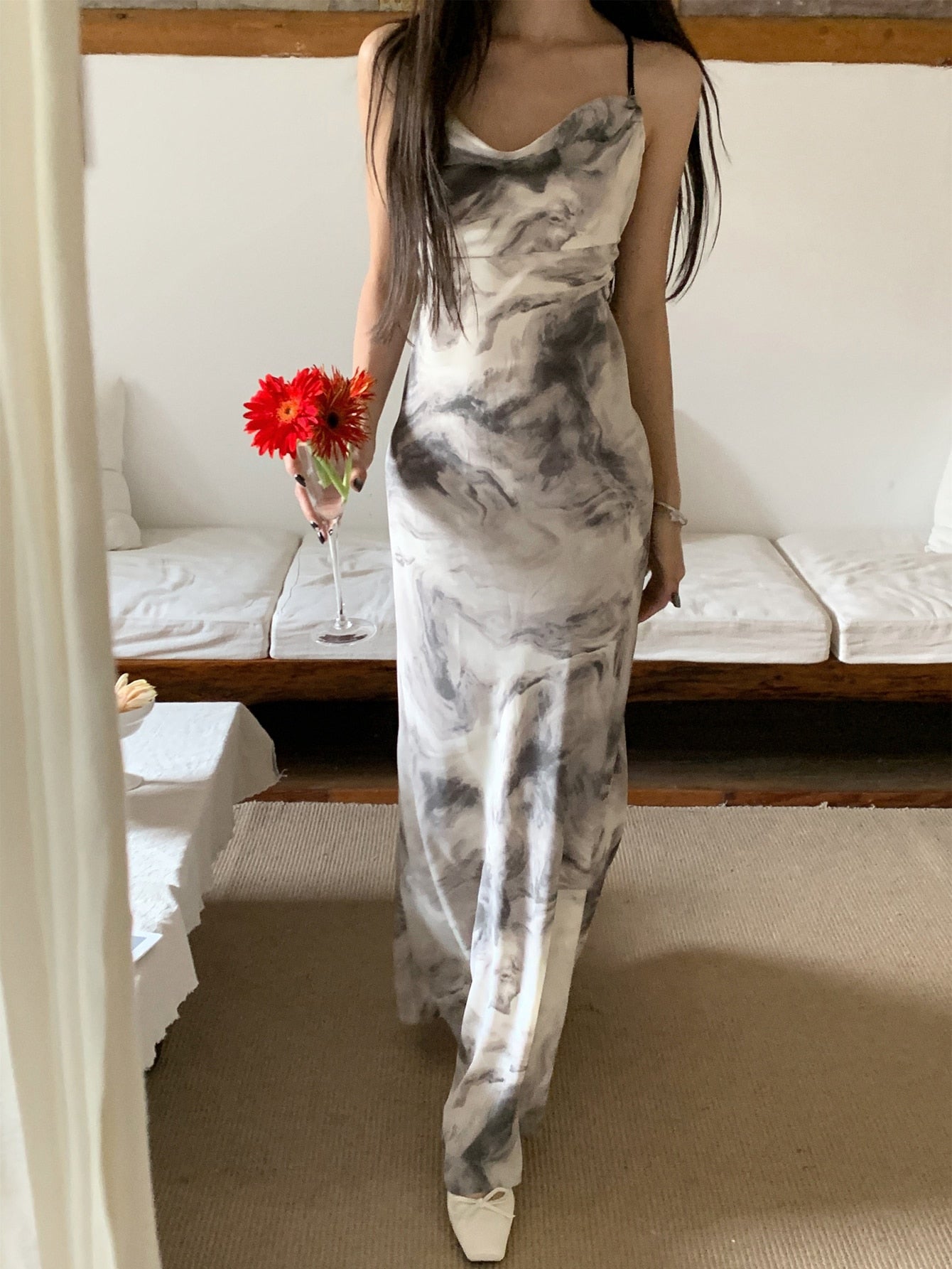 Grey Tie Dye Spaghetti Strap Maxi Dress