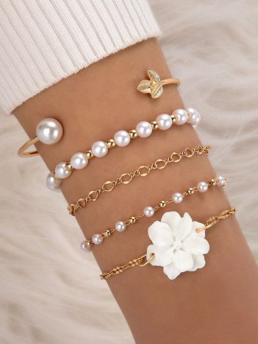5pcs Flower & Faux Pearl Bracelet Set for Women – Gift for Mom