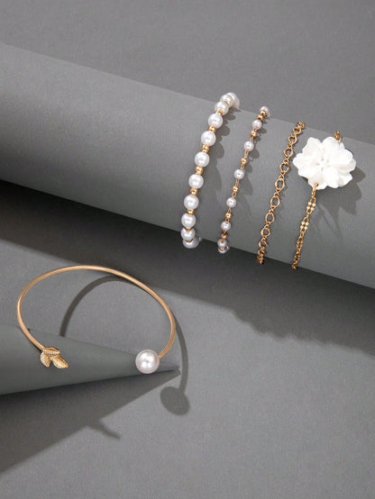 5pcs Flower & Faux Pearl Bracelet Set for Women – Gift for Mom