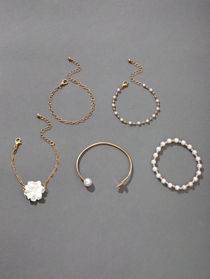 5pcs Flower & Faux Pearl Bracelet Set for Women – Gift for Mom