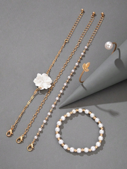 5pcs Flower & Faux Pearl Bracelet Set for Women – Gift for Mom