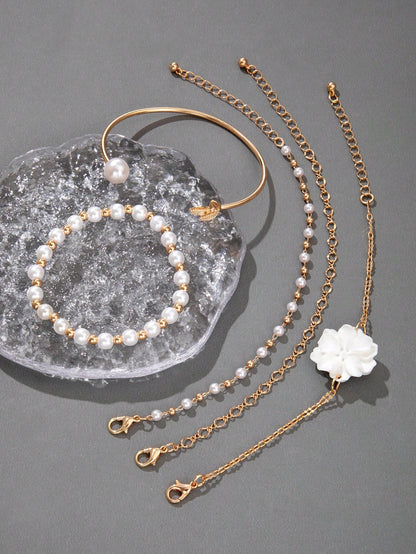 5pcs Flower & Faux Pearl Bracelet Set for Women – Gift for Mom