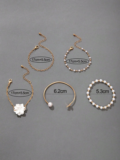 5pcs Flower & Faux Pearl Bracelet Set for Women – Gift for Mom