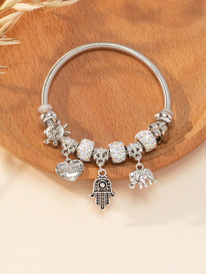 Stainless Steel Elephant & Hamsa Charm Bangle for Women