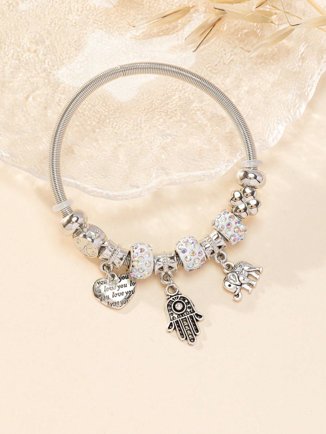 Stainless Steel Elephant & Hamsa Charm Bangle for Women