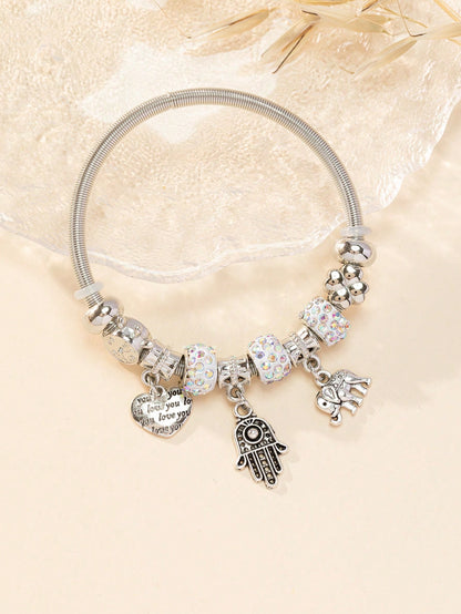 Stainless Steel Elephant & Hamsa Charm Bangle for Women