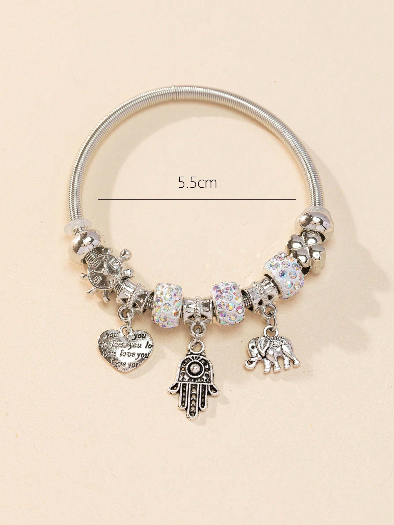 Stainless Steel Elephant & Hamsa Charm Bangle for Women