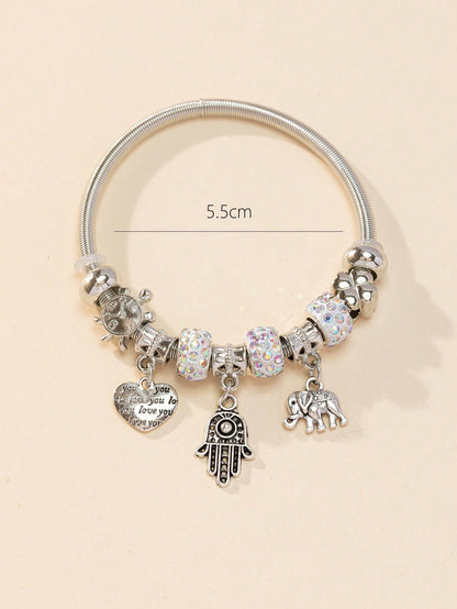 Stainless Steel Elephant & Hamsa Charm Bangle for Women