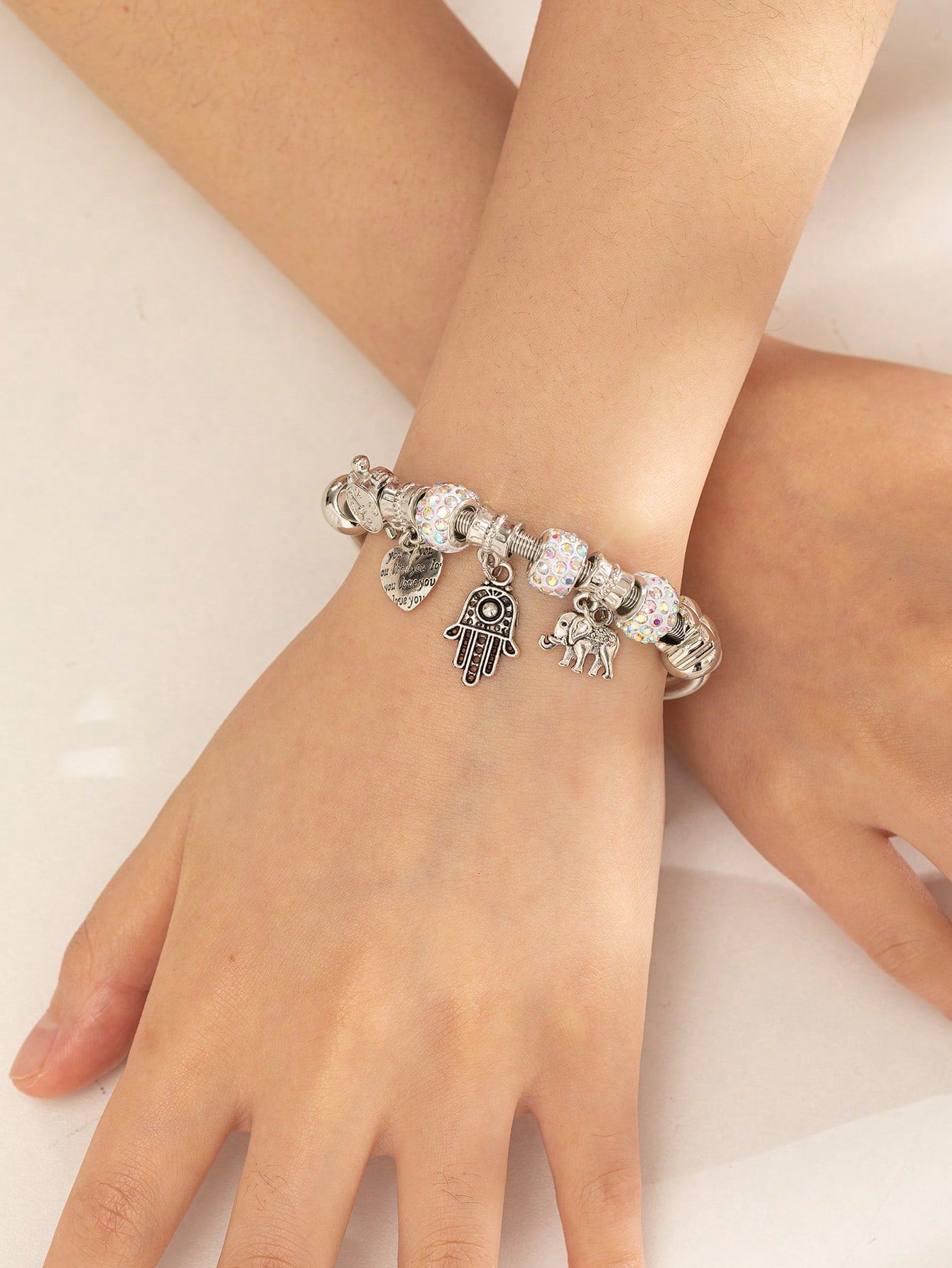 Stainless Steel Elephant & Hamsa Charm Bangle for Women