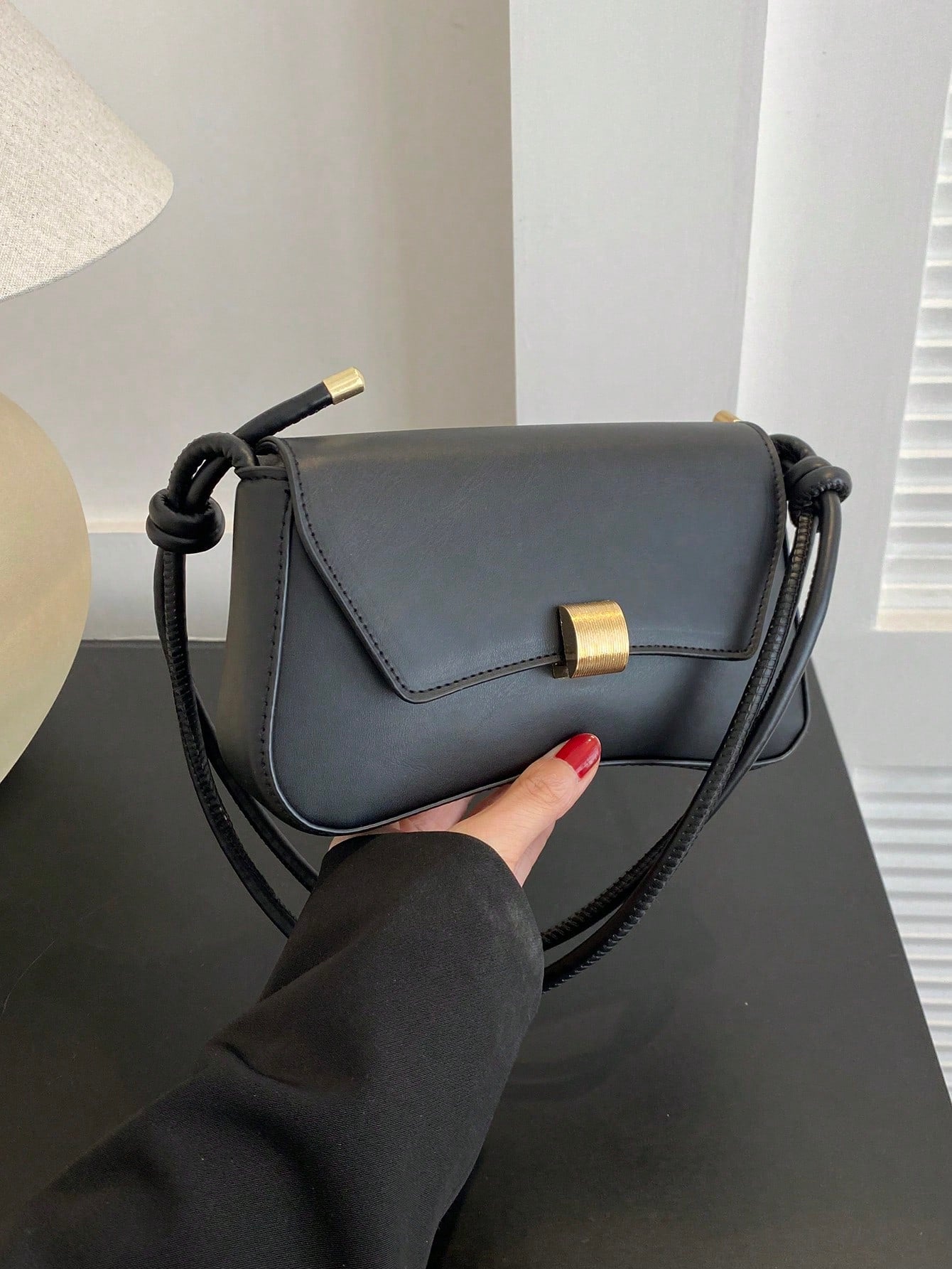 Retro Black Flap Bag with Vintage Knot Detail