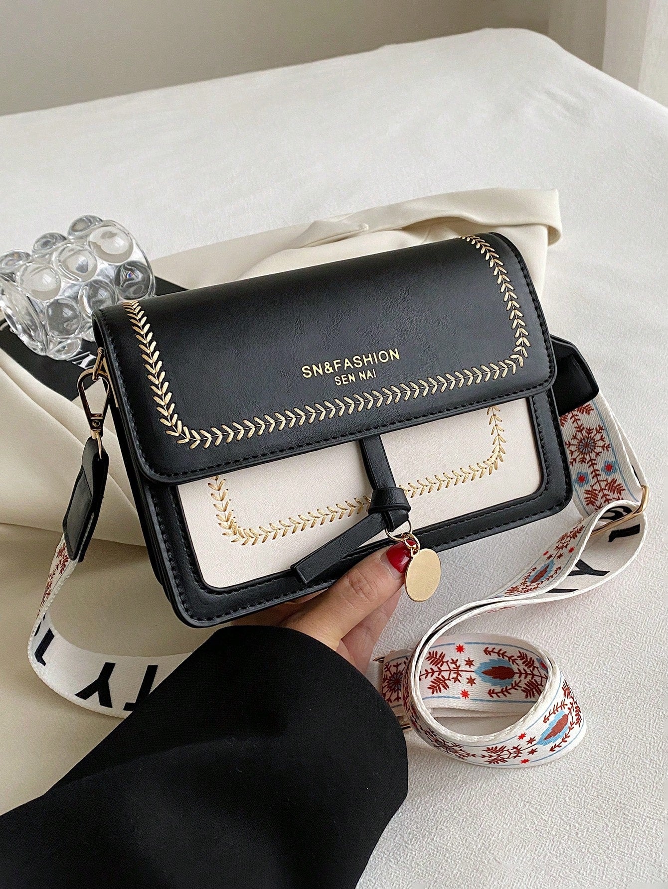Color Block Small Square Crossbody Bag with Wide Strap