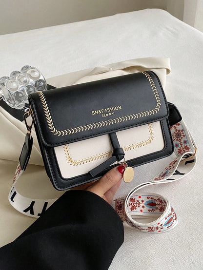 Color Block Small Square Crossbody Bag with Wide Strap