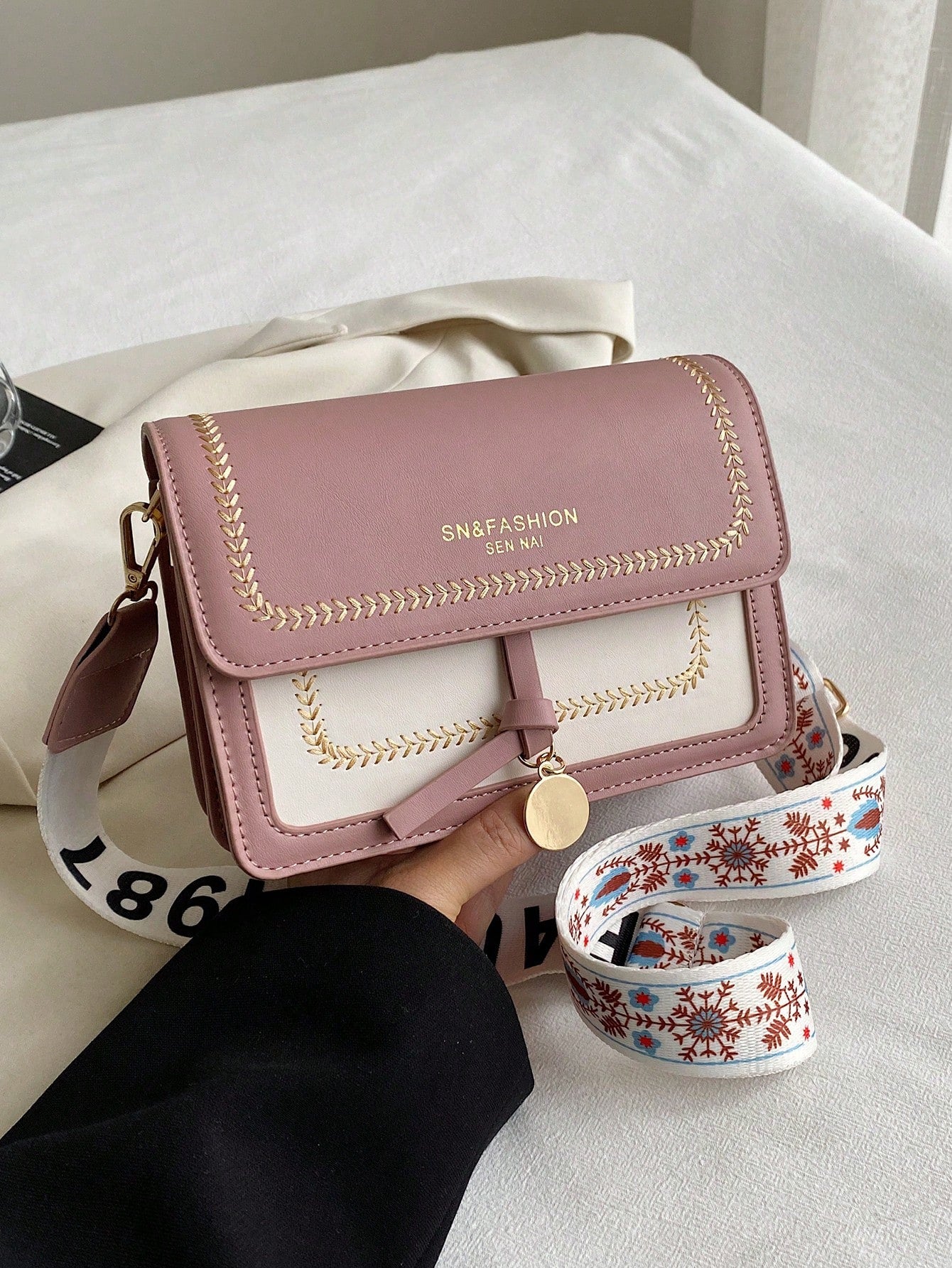 Color Block Small Square Crossbody Bag with Wide Strap