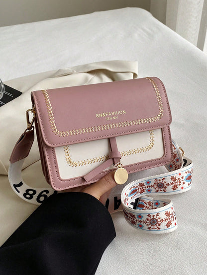 Color Block Small Square Crossbody Bag with Wide Strap