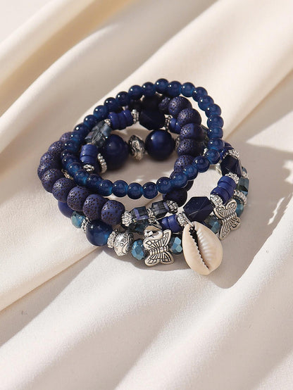 Boho 4pcs Bracelet Set for Women – Glass, Wood, Beads, Butterfly & Shell Pendant