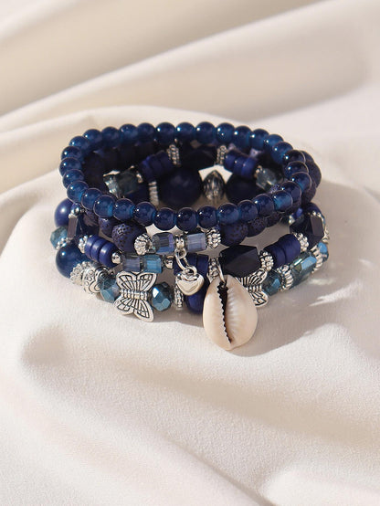 Boho 4pcs Bracelet Set for Women – Glass, Wood, Beads, Butterfly & Shell Pendant