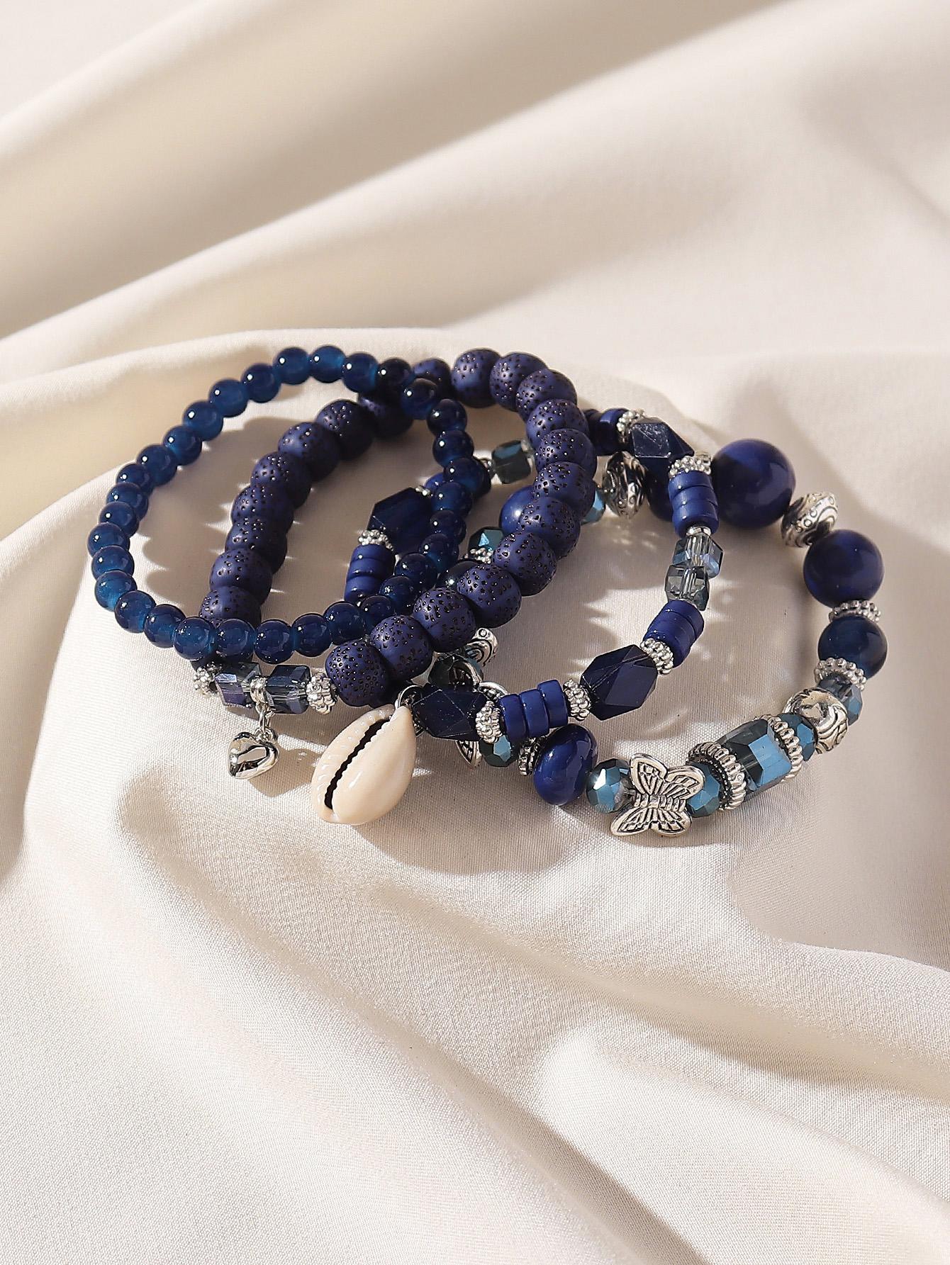 Boho 4pcs Bracelet Set for Women – Glass, Wood, Beads, Butterfly & Shell Pendant