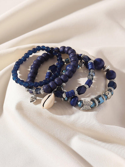 Boho 4pcs Bracelet Set for Women – Glass, Wood, Beads, Butterfly & Shell Pendant