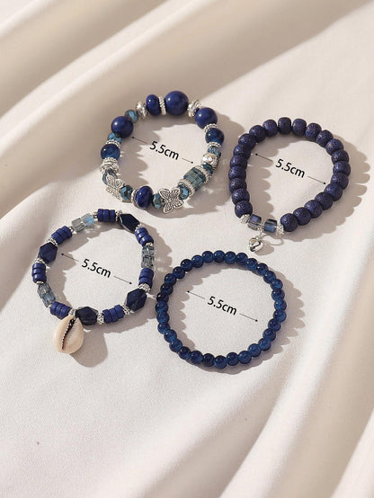 Boho 4pcs Bracelet Set for Women – Glass, Wood, Beads, Butterfly & Shell Pendant