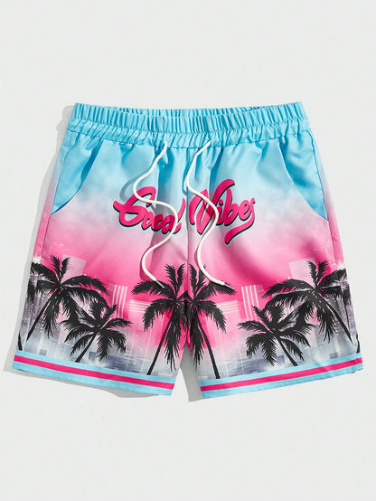 Men's Coconut Tree Print Beach Drawstring Shorts