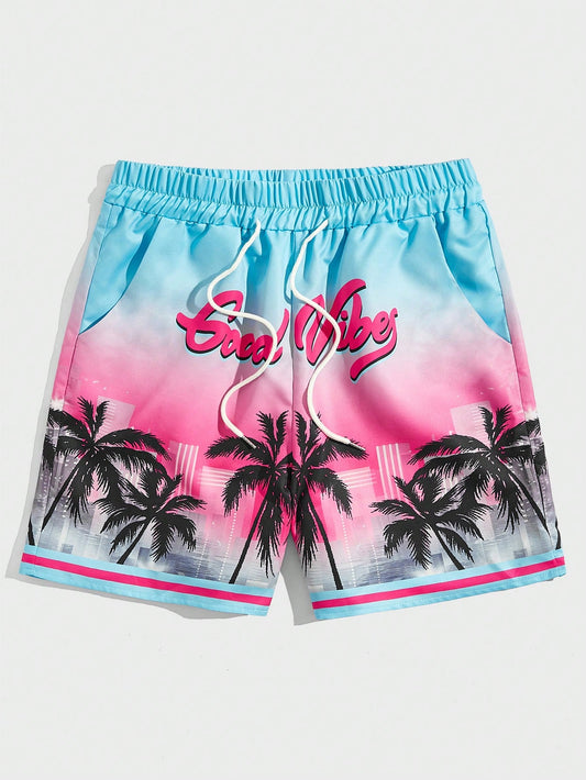 Men's Coconut Tree Print Beach Drawstring Shorts