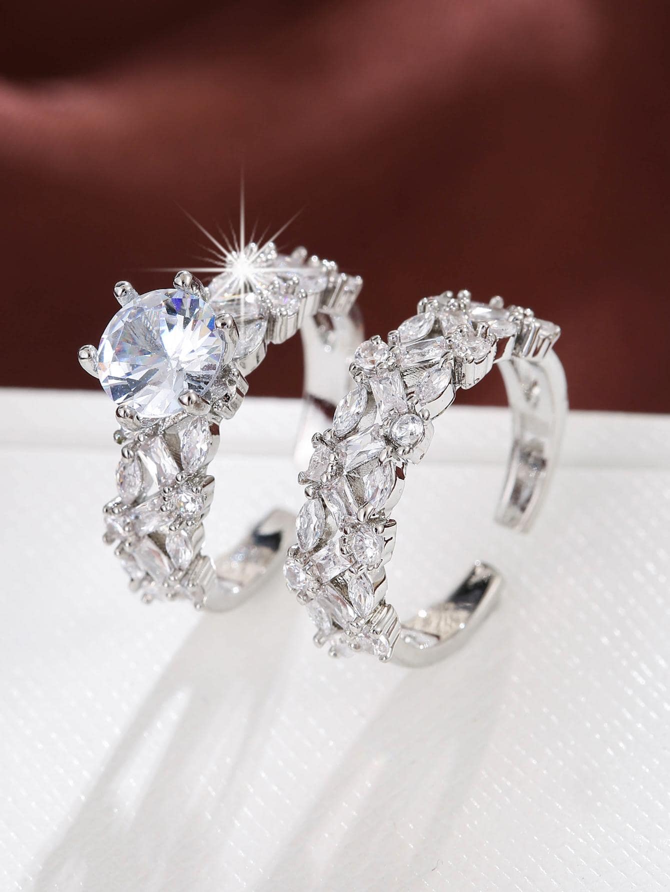 Gold-Plated Micro-Inlaid Cubic Zirconia Ring Set 2pcs