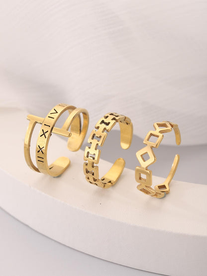 Set 3pcs Stainless Steel Hollow Out Geometric & Letter Rings