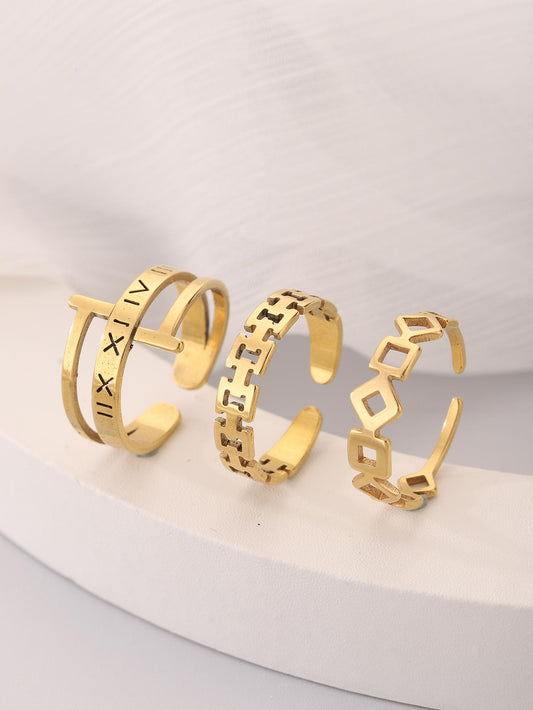 Set 3pcs Stainless Steel Hollow Out Geometric & Letter Rings