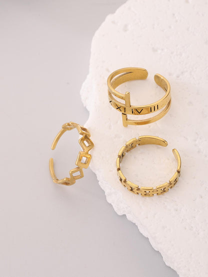 Set 3pcs Stainless Steel Hollow Out Geometric & Letter Rings