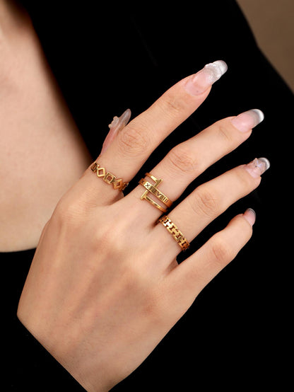 Set 3pcs Stainless Steel Hollow Out Geometric & Letter Rings