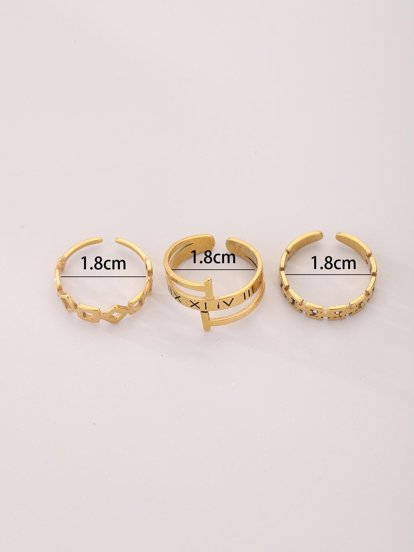 Set 3pcs Stainless Steel Hollow Out Geometric & Letter Rings