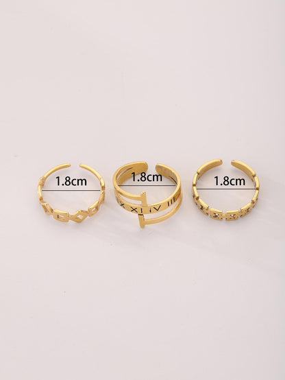 Set 3pcs Stainless Steel Hollow Out Geometric & Letter Rings