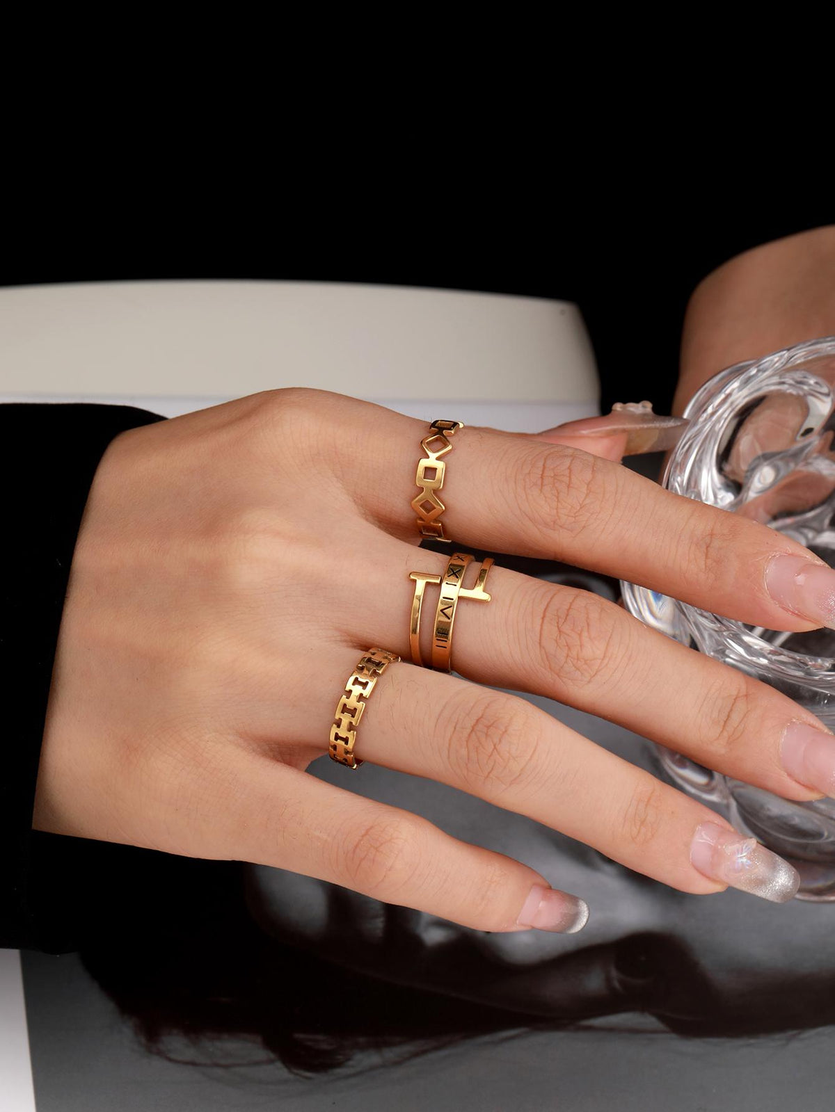 Set 3pcs Stainless Steel Hollow Out Geometric & Letter Rings