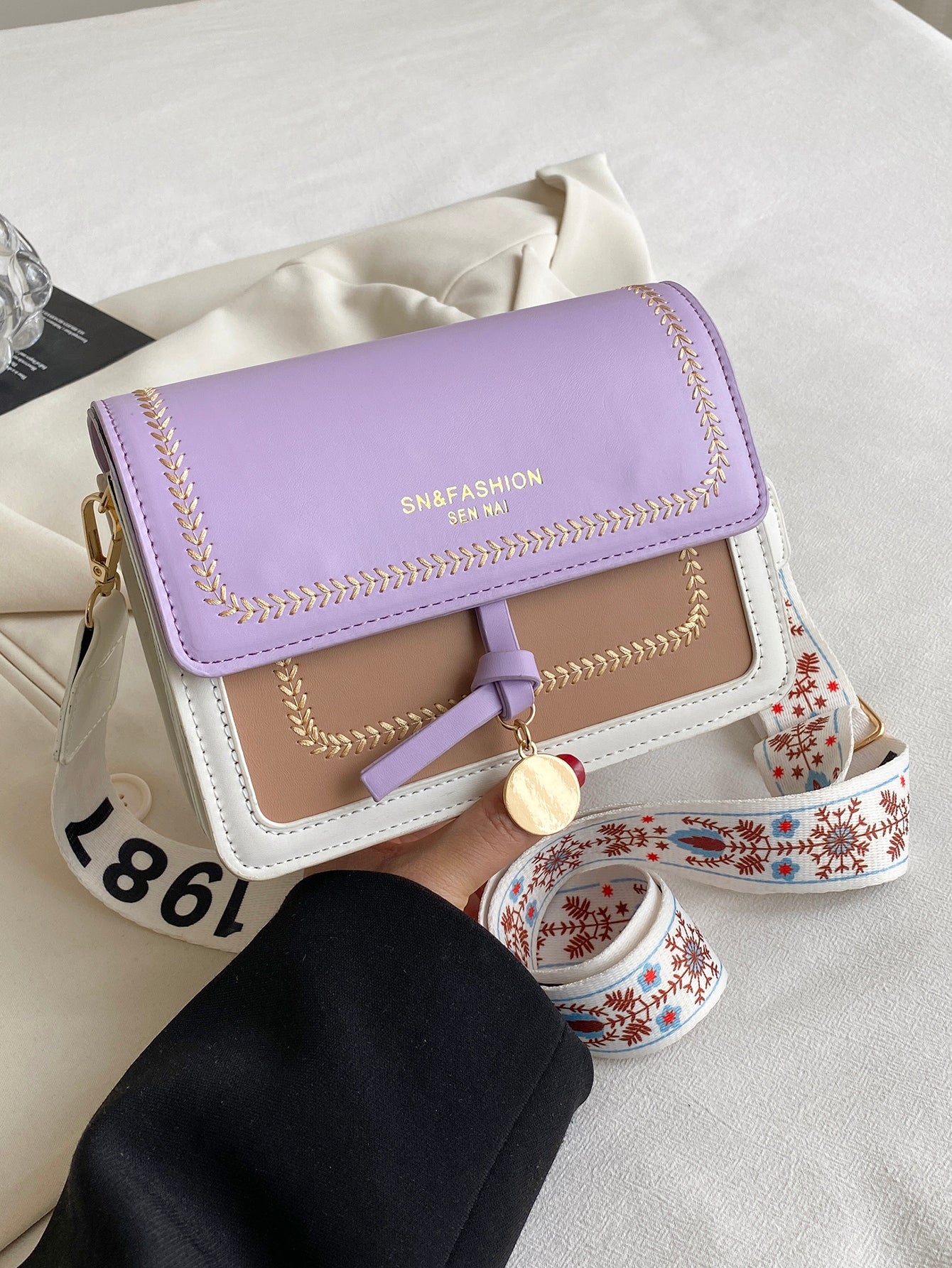 Color Block Small Square Crossbody Bag with Wide Strap